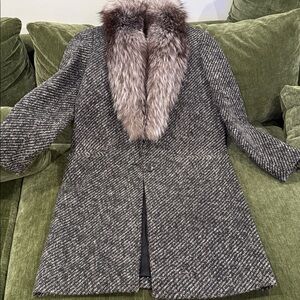 Theory Black and Gray Pea Coat with Faux Fur Collar